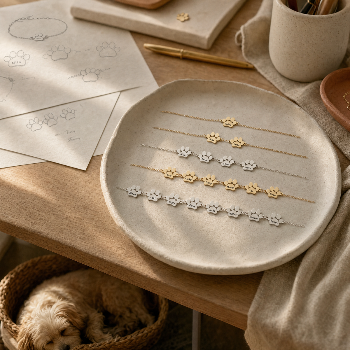 Atelier Câline : croquis de pattes et bracelets or et argent de 1 à 8 pattes dans une coupelle
