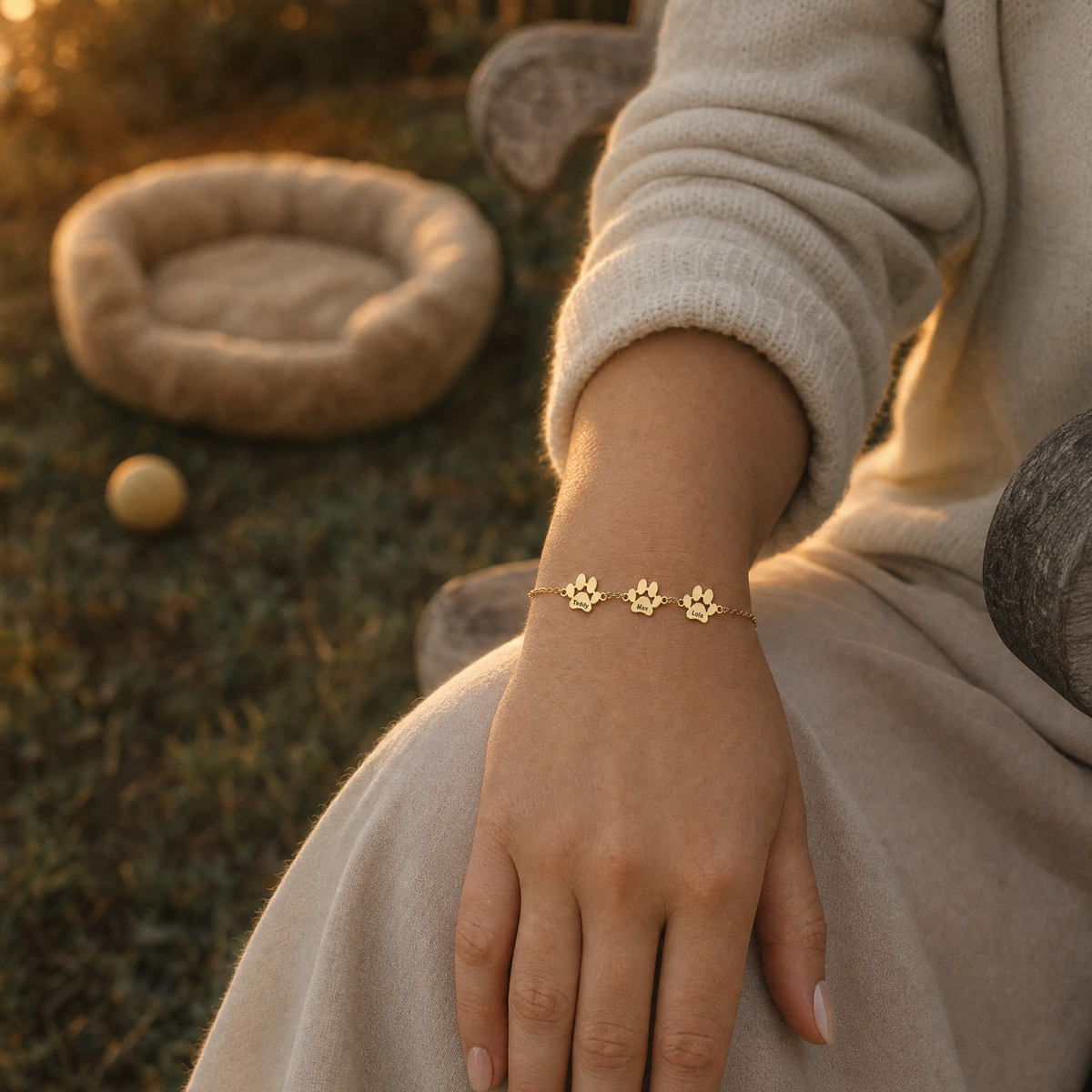 Femme assise au jardin au coucher du soleil, bracelet Câline or à trois pattes, un panier de chien vide derrière elle