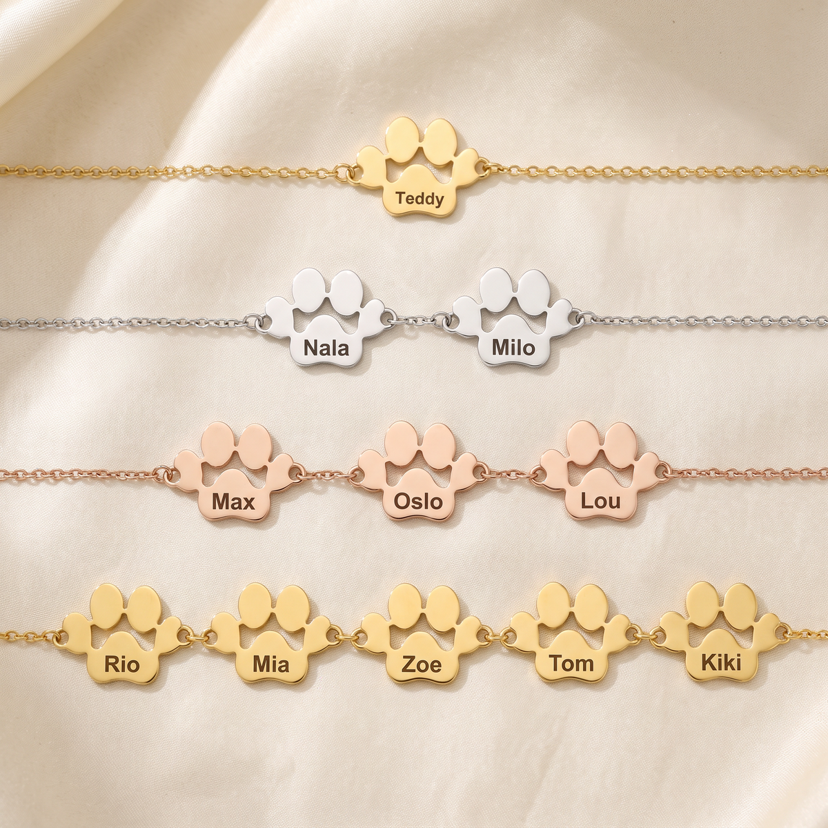 Bracelets Câline de 1 à 5 pattes gravées, en or, argent et or rose