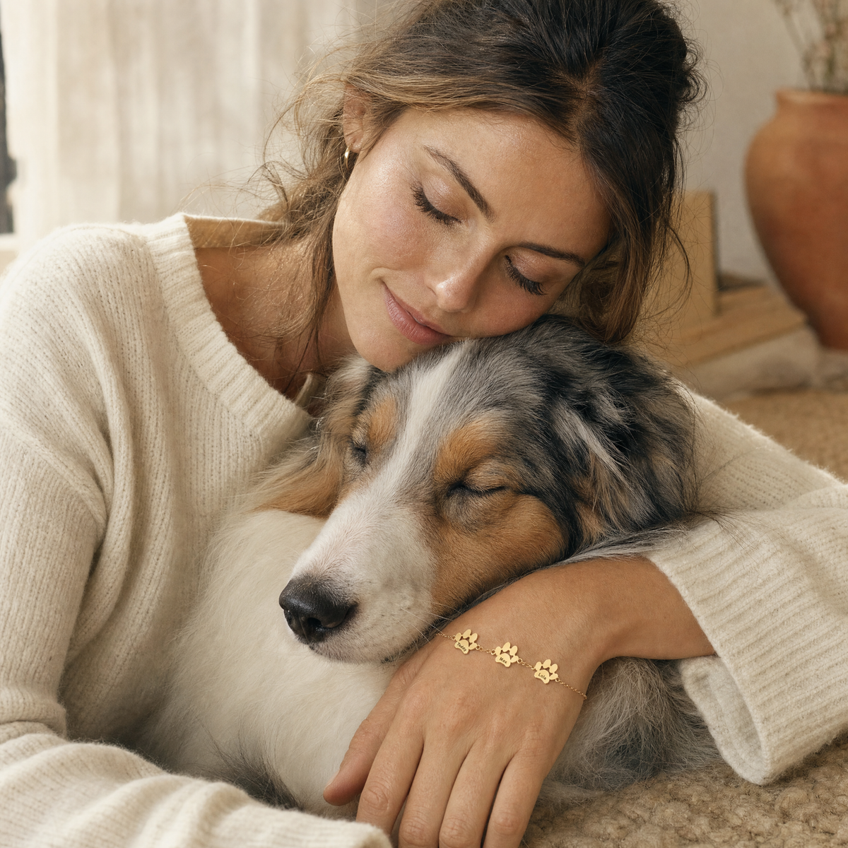 Femme serrant contre elle son berger australien, bracelet Câline en or à 3 pattes au poignet