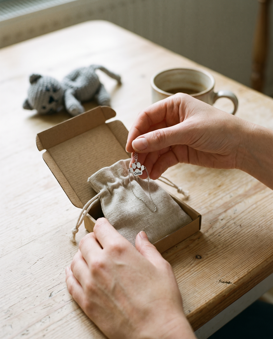 Bracelet patte argent gravé Oslo sorti de sa pochette, dans le colis reçu