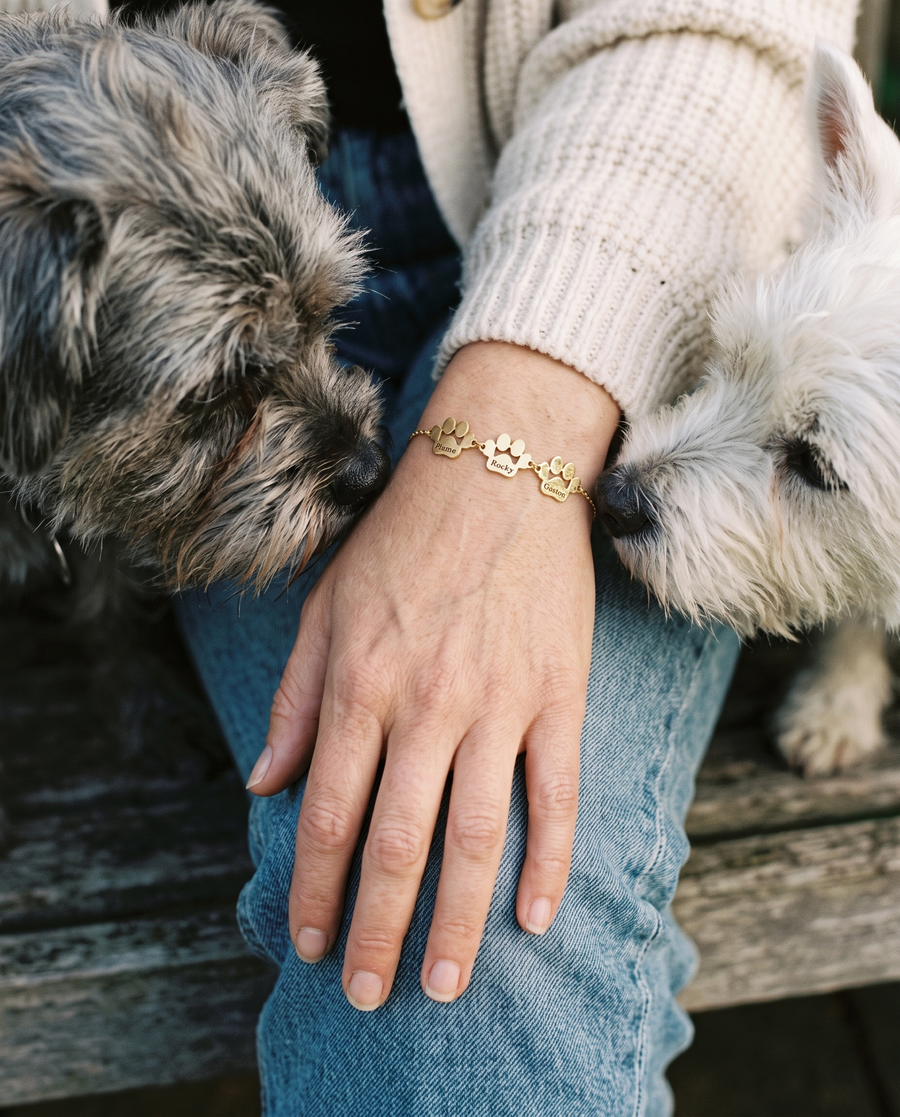 Bracelet or à trois pattes gravées Plume, Rocky et Gaston, entre deux chiens