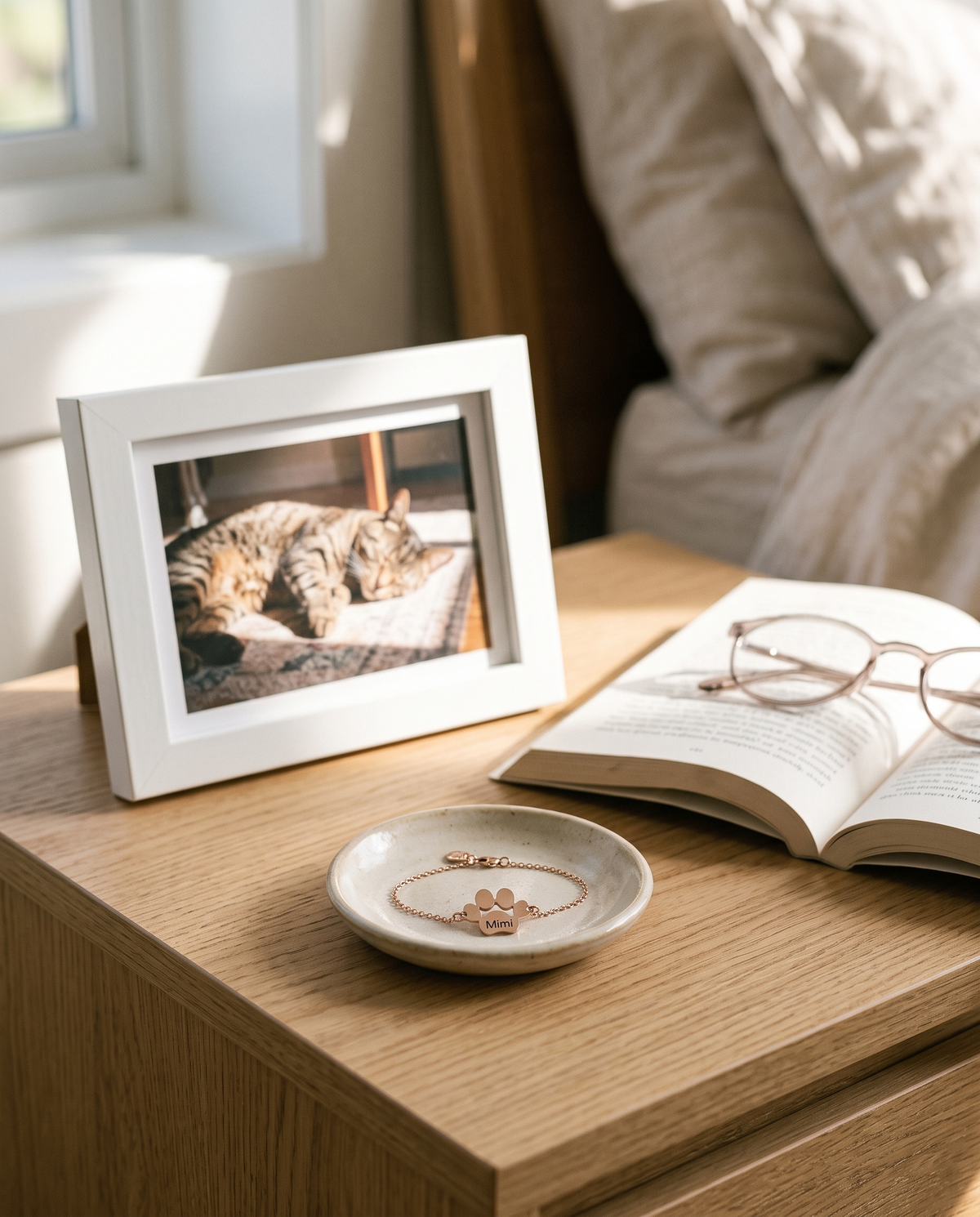Photo encadrée d'un chat sur une table de chevet, à côté d'un bracelet patte or rose gravé Mimi