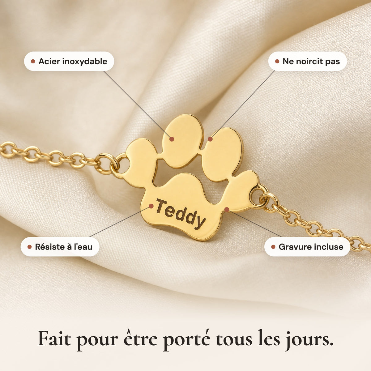 Gros plan d'une patte gravée Teddy : acier inoxydable, ne noircit pas, résiste à l'eau, gravure incluse
