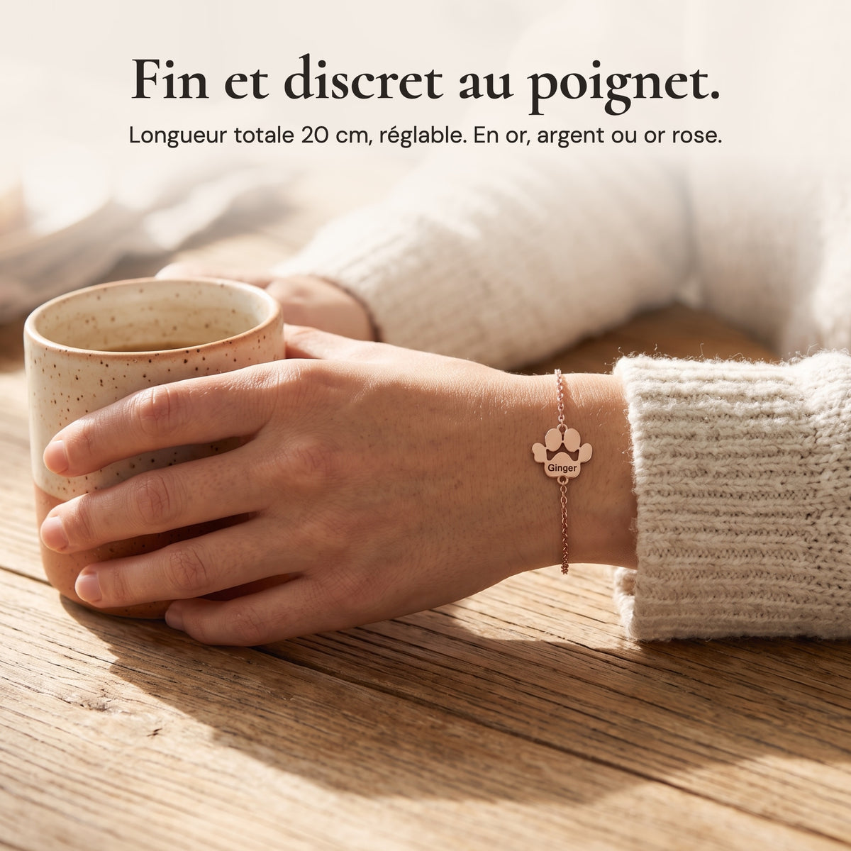 Bracelet patte or rose fin et discret au poignet, longueur totale 20 cm réglable