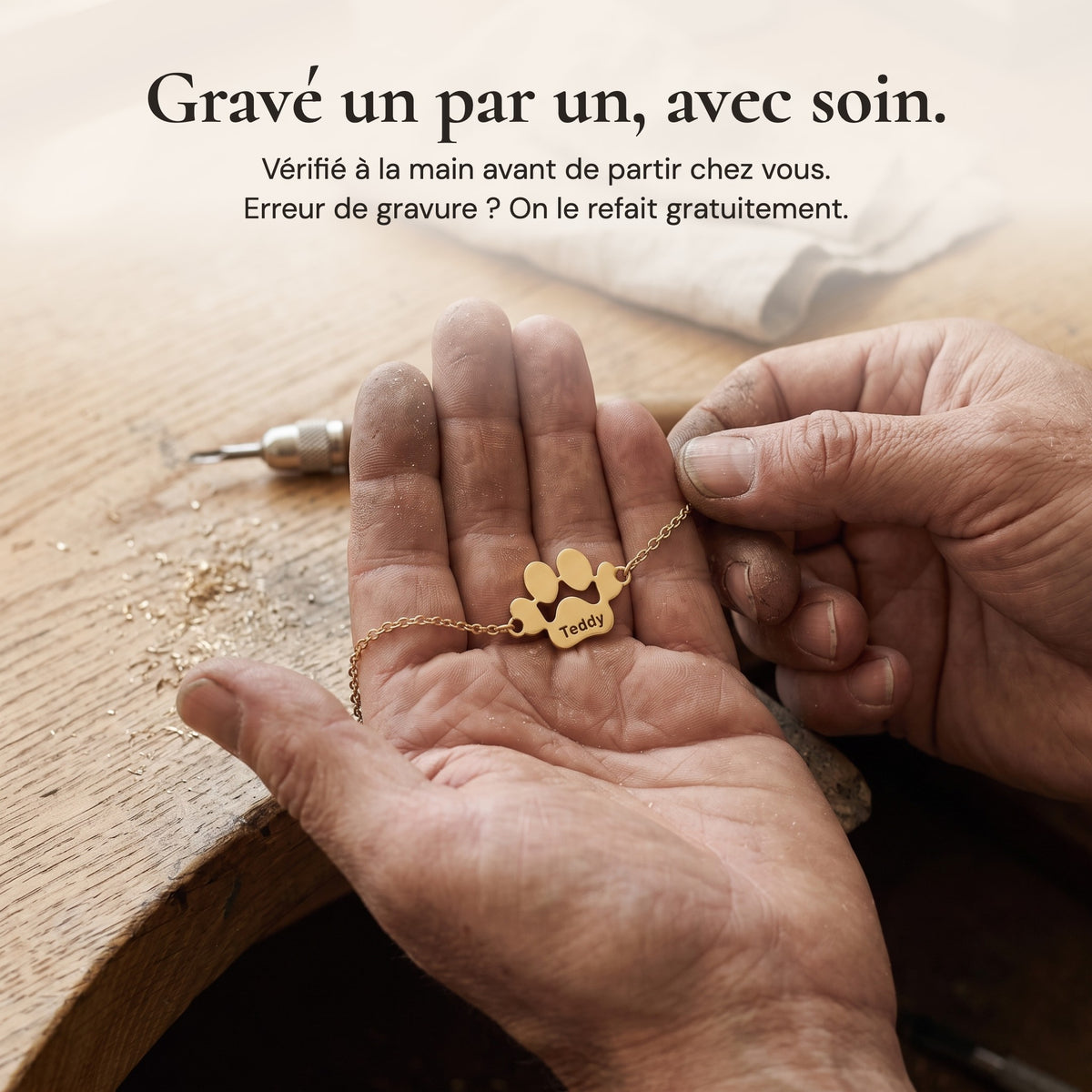 Gravure d'une patte en atelier : gravé un par un, avec soin